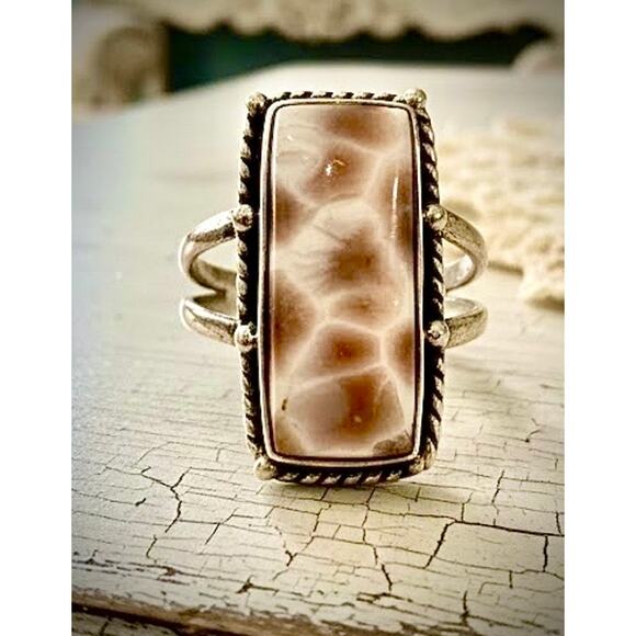 Rare! Pink Larimar Rectangle Rope Boho Ring Sterling Size 8 - Picture 1 of 6